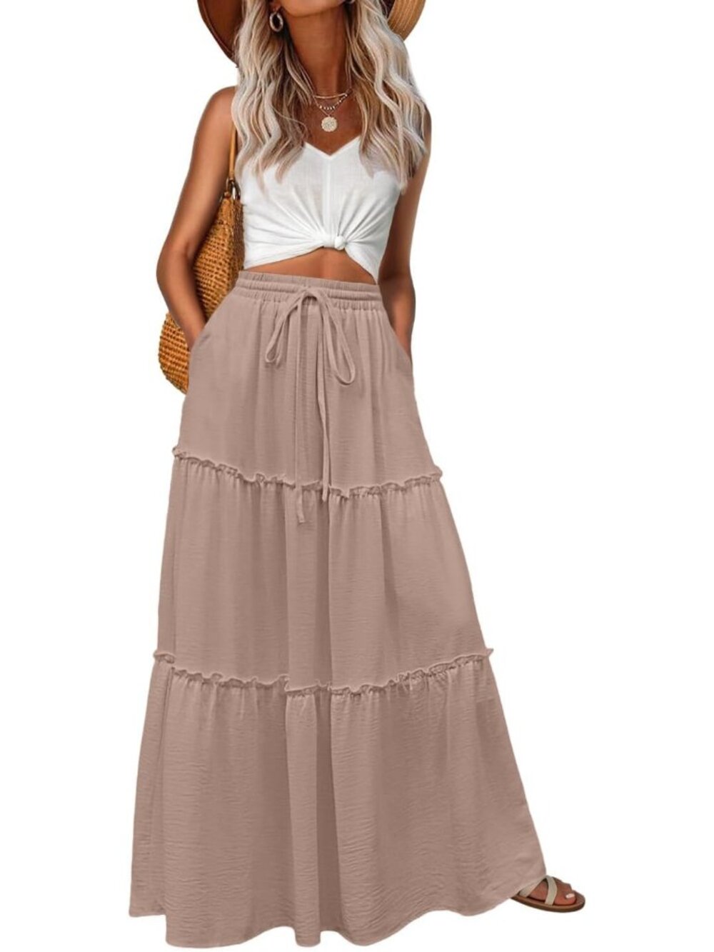 Women's Boho High Waisted Coffee Grey Maxi Skirts Tiered Floral Long Skirts